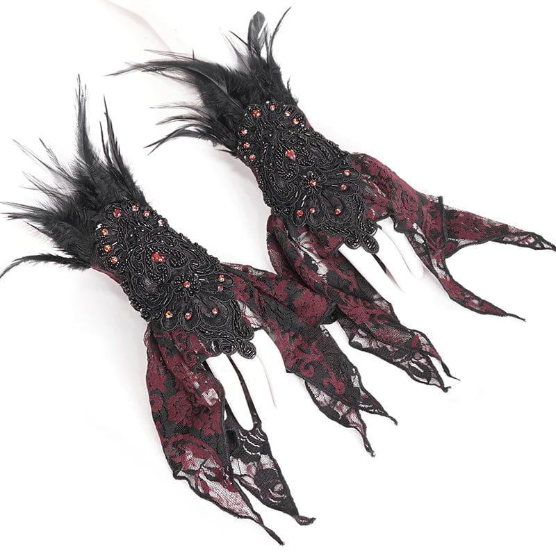 EVA LADY Women's Gothic Irregular Feather Beaded Red Lace Gloves