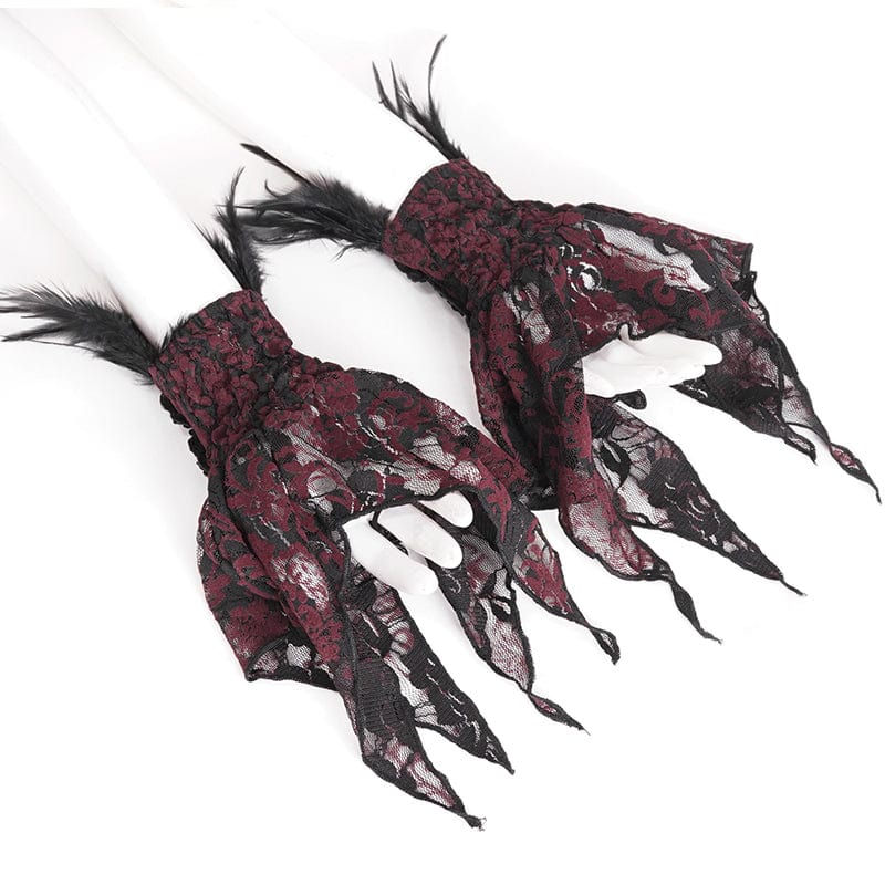 EVA LADY Women's Gothic Irregular Feather Beaded Red Lace Gloves