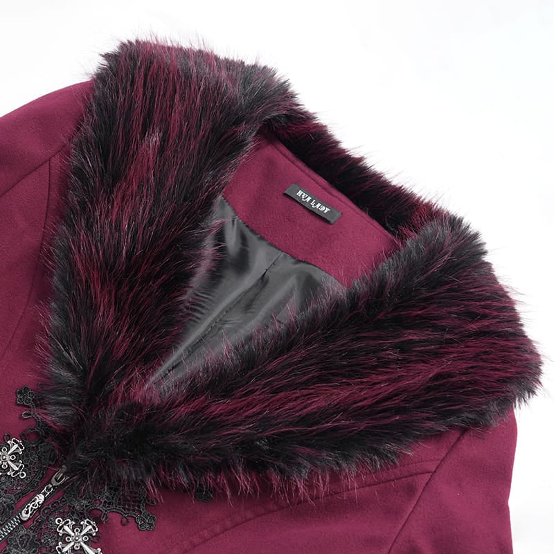 EVA LADY Women's Gothic Lace Applique Faux Fur Trim Flare Sleeve Coat
