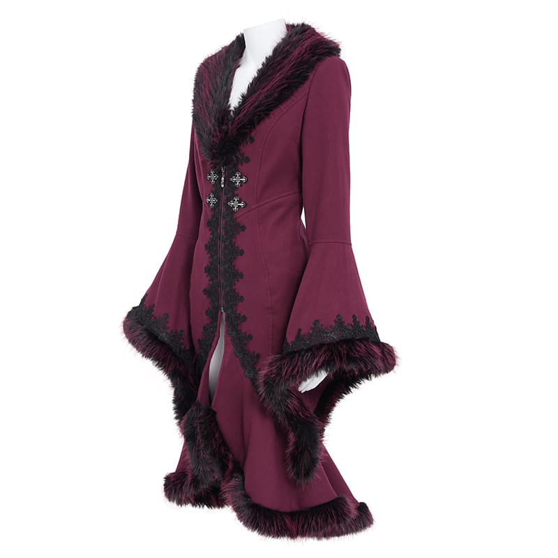 EVA LADY Women's Gothic Lace Applique Faux Fur Trim Flare Sleeve Coat