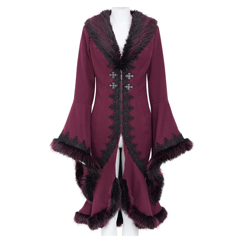 EVA LADY Women's Gothic Lace Applique Faux Fur Trim Flare Sleeve Coat