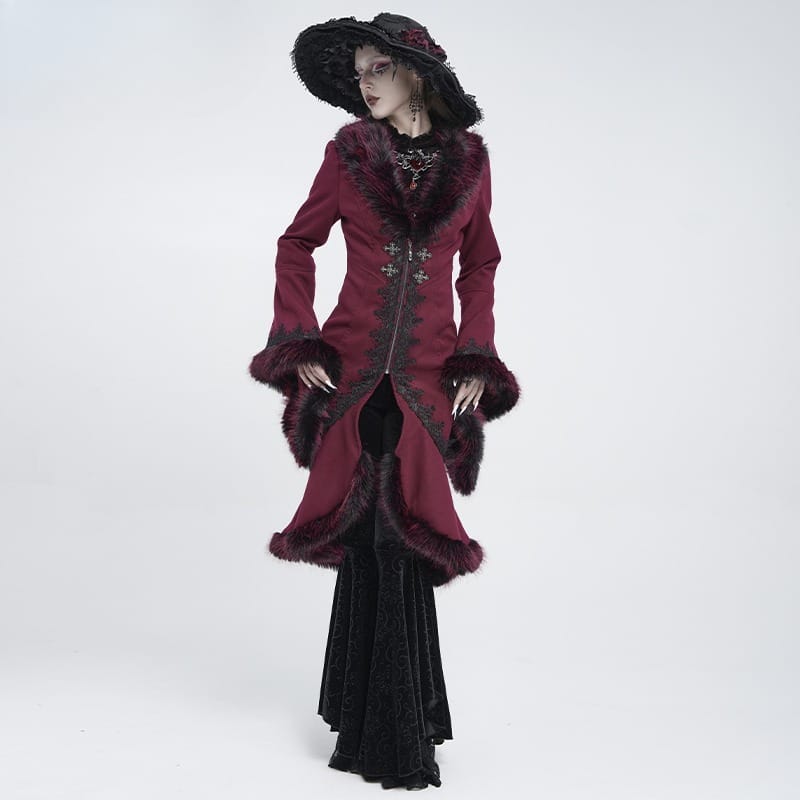 EVA LADY Women's Gothic Lace Applique Faux Fur Trim Flare Sleeve Coat