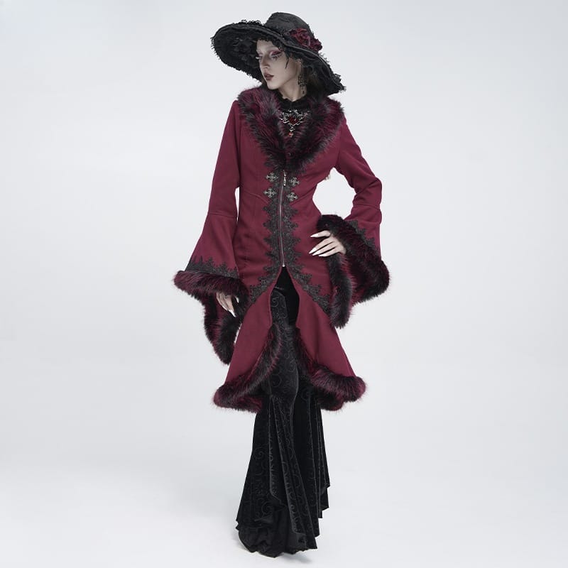 EVA LADY Women's Gothic Lace Applique Faux Fur Trim Flare Sleeve Coat