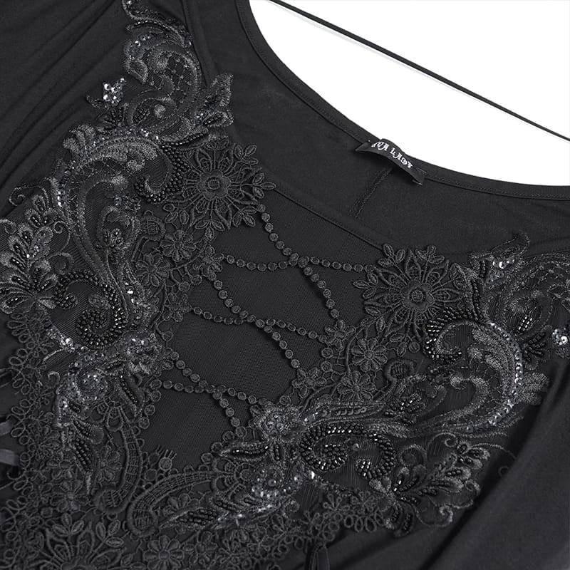 EVA LADY Women's Gothic Lace Applique Lace-up Draped Long Sleeve Maxi Dress