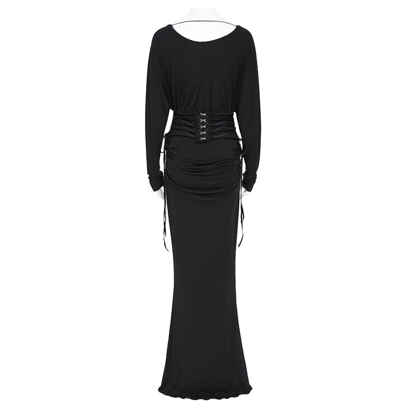 EVA LADY Women's Gothic Lace Applique Lace-up Draped Long Sleeve Maxi Dress