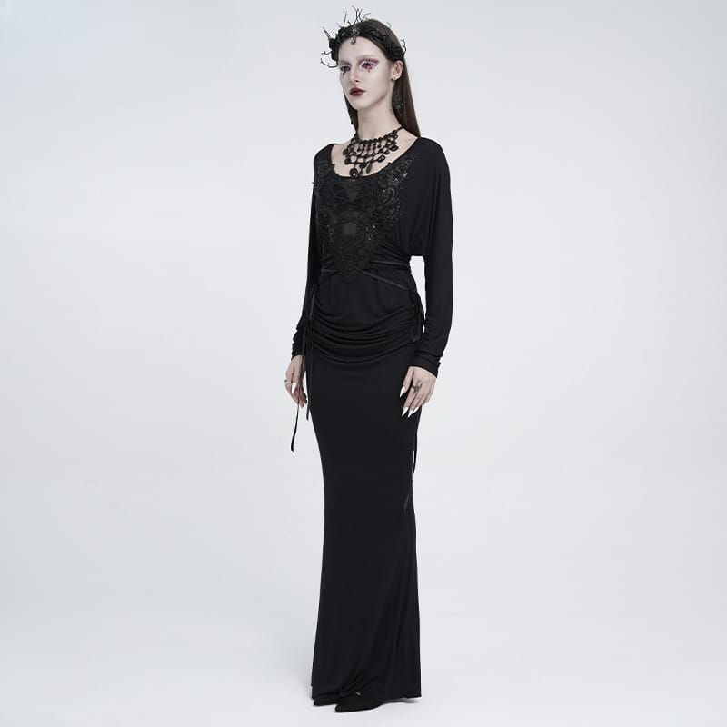 EVA LADY Women's Gothic Lace Applique Lace-up Draped Long Sleeve Maxi Dress