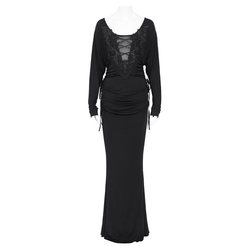 EVA LADY Women's Gothic Lace Applique Lace-up Draped Long Sleeve Maxi Dress