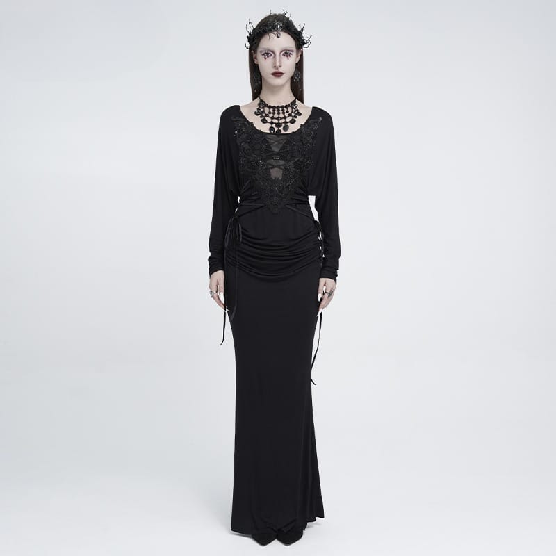 EVA LADY Women's Gothic Lace Applique Lace-up Draped Long Sleeve Maxi Dress