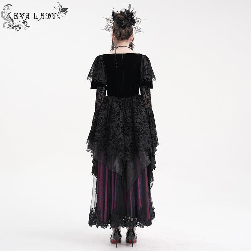 EVA LADY Women's Gothic Lace Crochet Long Sleeved Dress Wedding Dress Black Purple