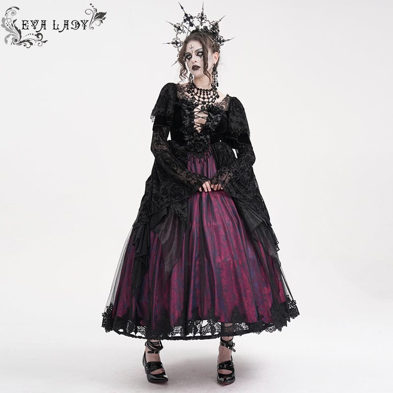 EVA LADY Women's Gothic Lace Crochet Long Sleeved Dress Wedding Dress Black Purple