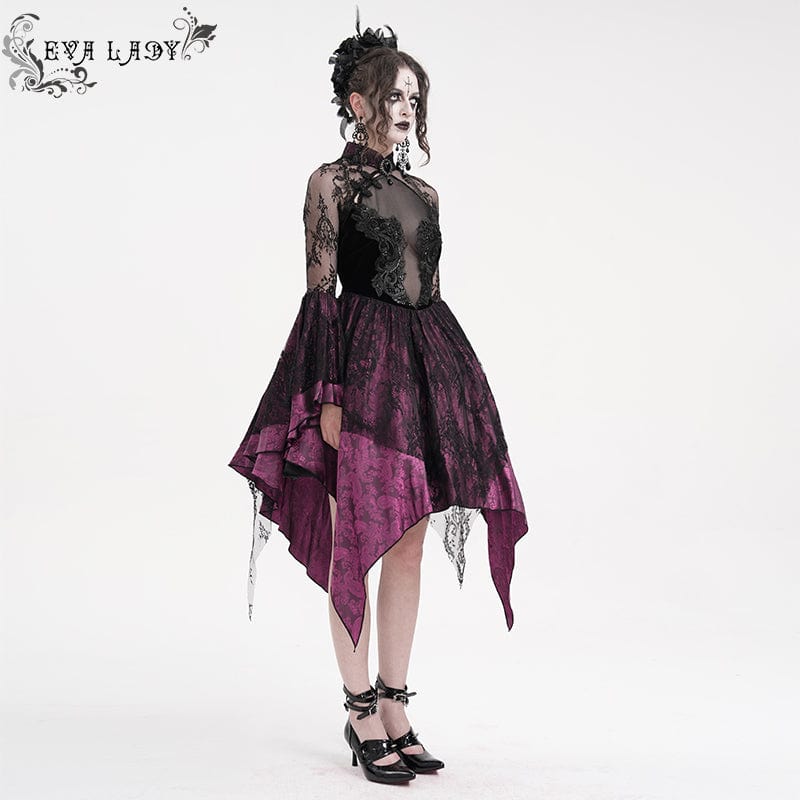 EVA LADY Women's Gothic Lace Lace-up Long Sleeved Dress Black Purple