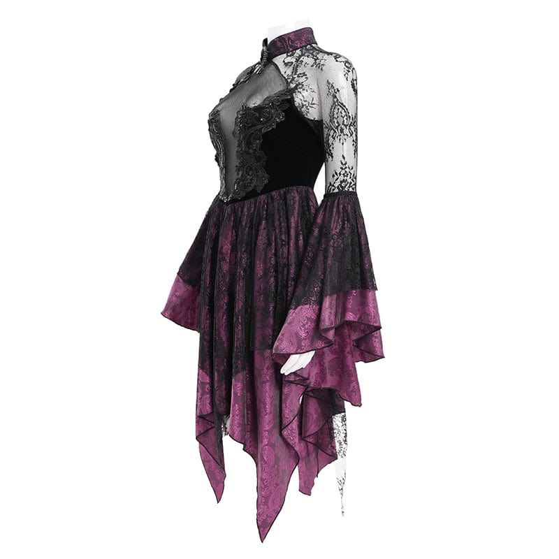 EVA LADY Women's Gothic Lace Lace-up Long Sleeved Dress Black Purple