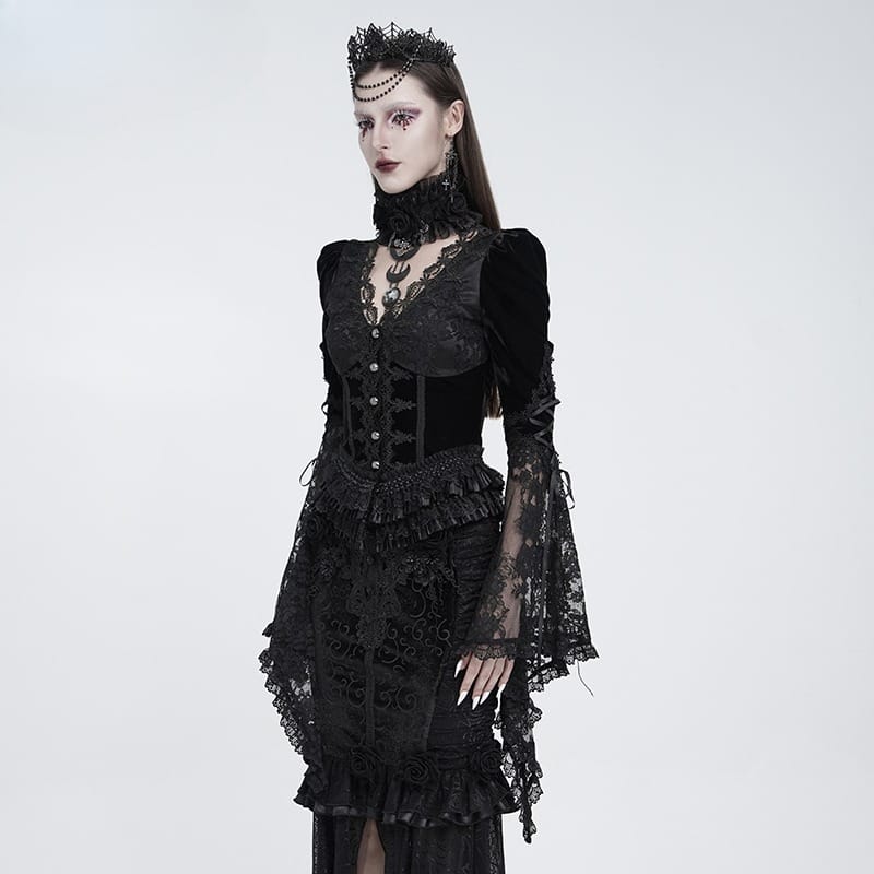 EVA LADY Women's Gothic Lace Splice Lace-up Long Sleeve Velvet Blouse