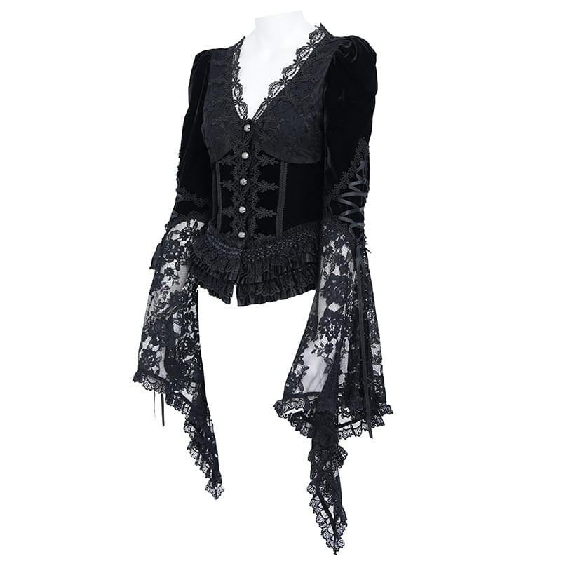 EVA LADY Women's Gothic Lace Splice Lace-up Long Sleeve Velvet Blouse