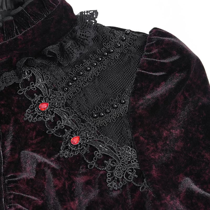 EVA LADY Women's Gothic Lace Splice Lace-up Long Sleeve Velvet Blouse