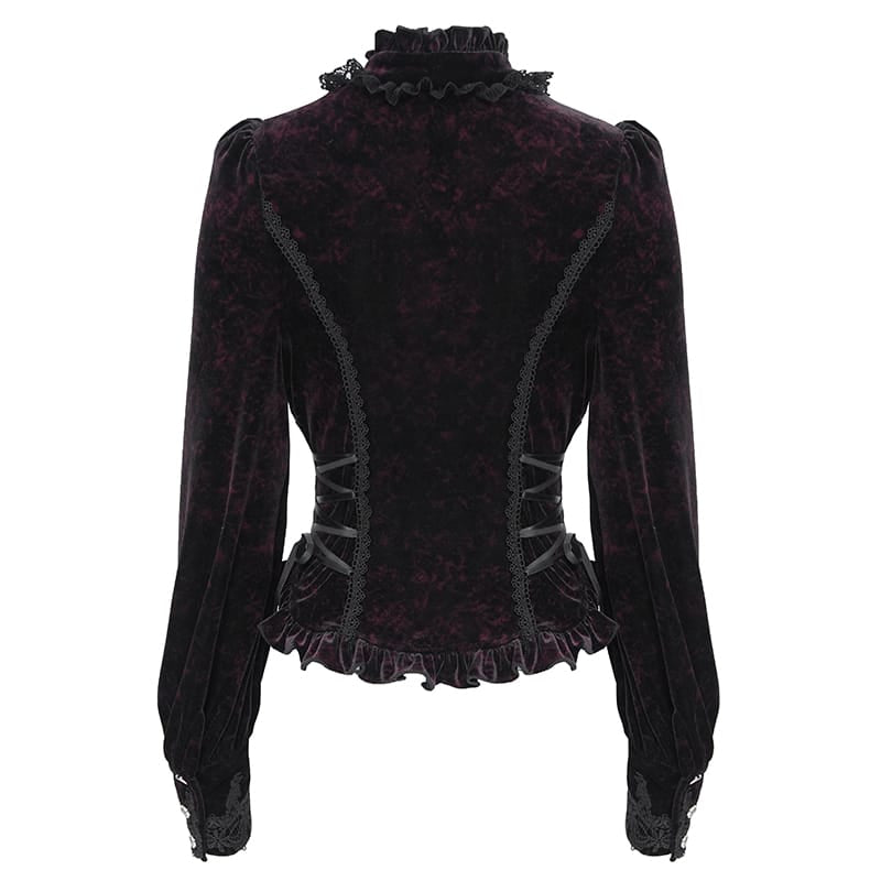 EVA LADY Women's Gothic Lace Splice Lace-up Long Sleeve Velvet Blouse