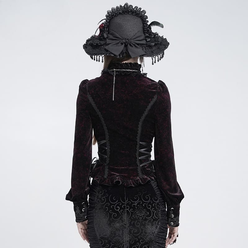 EVA LADY Women's Gothic Lace Splice Lace-up Long Sleeve Velvet Blouse