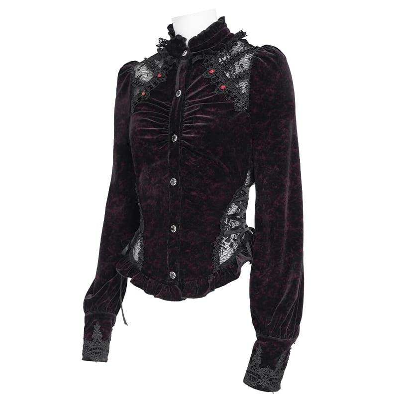 EVA LADY Women's Gothic Lace Splice Lace-up Long Sleeve Velvet Blouse