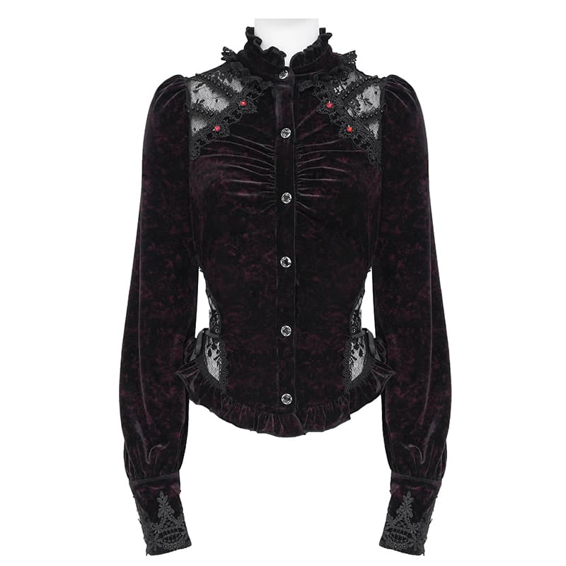 EVA LADY Women's Gothic Lace Splice Lace-up Long Sleeve Velvet Blouse