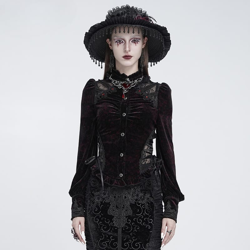 EVA LADY Women's Gothic Lace Splice Lace-up Long Sleeve Velvet Blouse