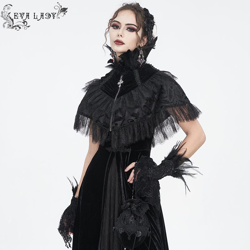 EVA LADY Women's Gothic Lace Splice Velvet Feather Cape