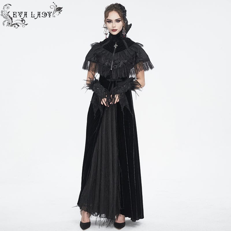 EVA LADY Women's Gothic Lace Splice Velvet Feather Cape