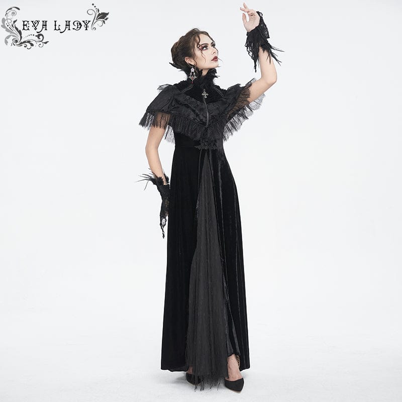 EVA LADY Women's Gothic Lace Splice Velvet Feather Cape