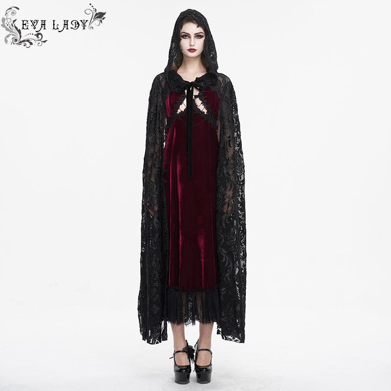 EVA LADY Women's Gothic Lace-up Flocking Lace Cloak with Hood