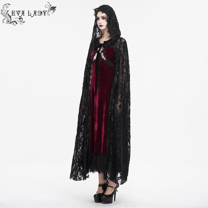EVA LADY Women's Gothic Lace-up Flocking Lace Cloak with Hood