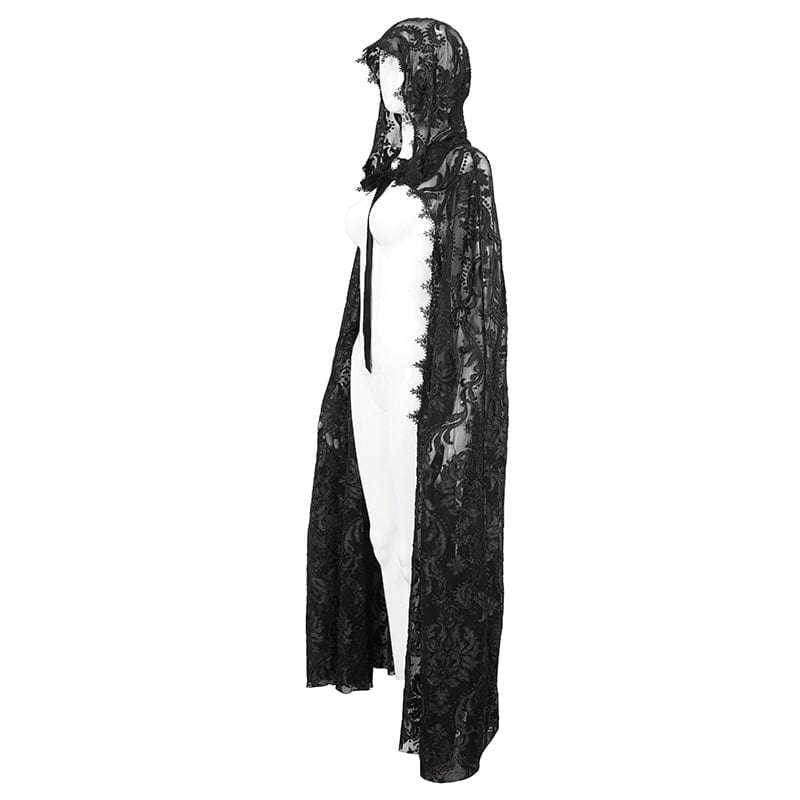 EVA LADY Women's Gothic Lace-up Flocking Lace Cloak with Hood