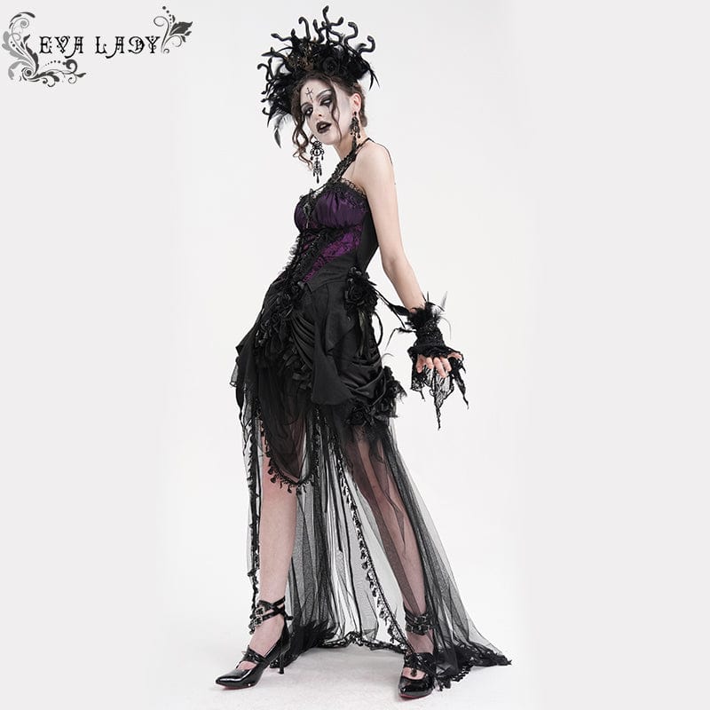 EVA LADY Women's Gothic Lace-up Lace Overbust Corset Black Purple