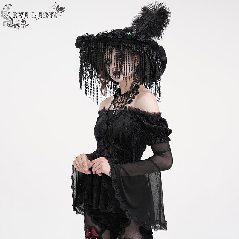 EVA LADY Women's Gothic Lace-up Mesh Halter Long Sleeved Shirt