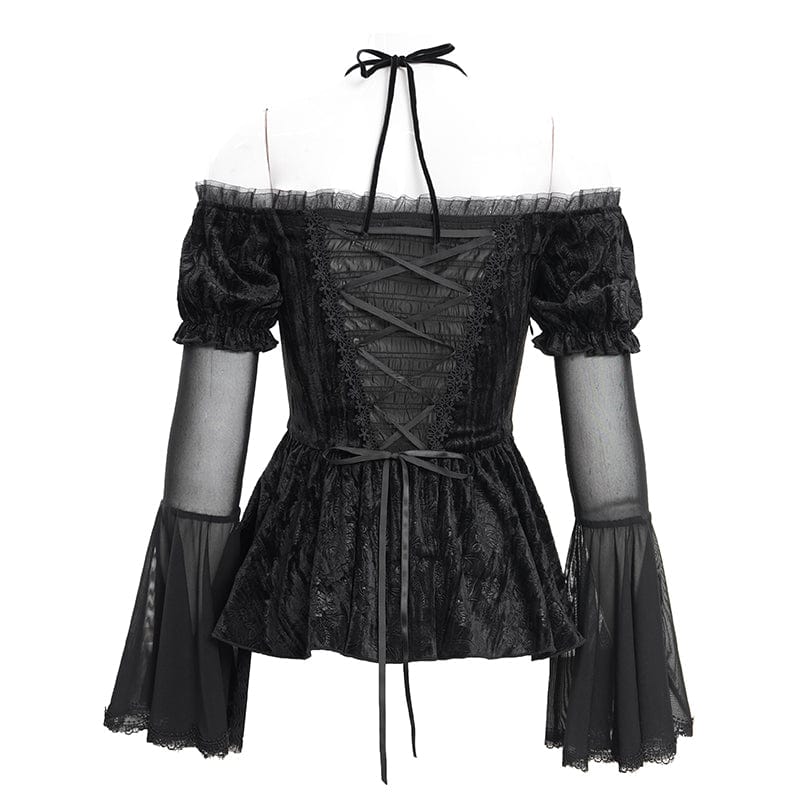 EVA LADY Women's Gothic Lace-up Mesh Halter Long Sleeved Shirt