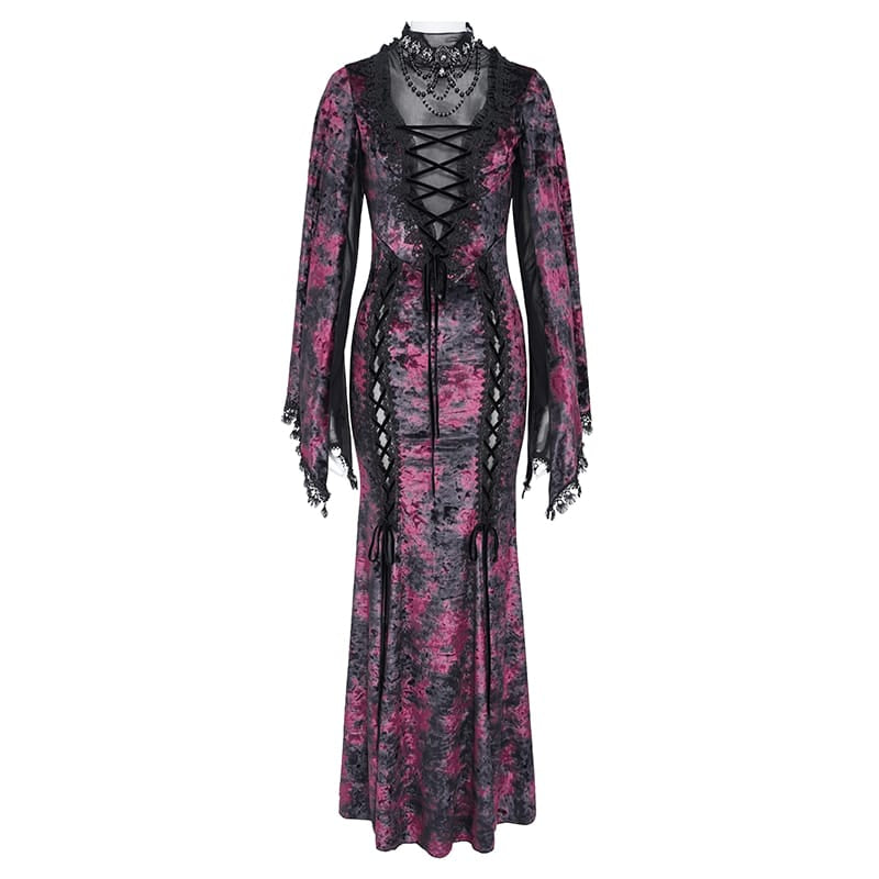EVA LADY Women's Gothic Lace-up Mesh Splice Plunging V-neck Velvet Maxi Dress Black-Red