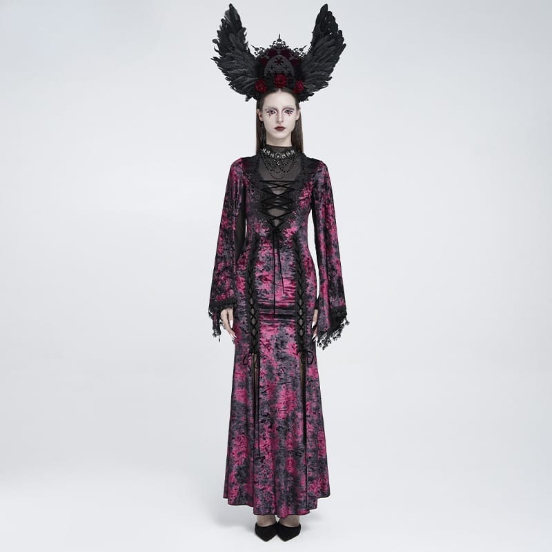 EVA LADY Women's Gothic Lace-up Mesh Splice Plunging V-neck Velvet Maxi Dress Black-Red