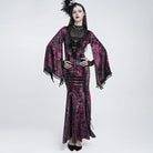 EVA LADY Women's Gothic Lace-up Mesh Splice Plunging V-neck Velvet Maxi Dress Black-Red