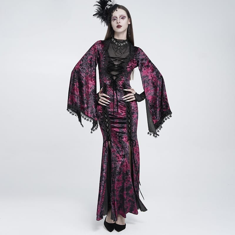 EVA LADY Women's Gothic Lace-up Mesh Splice Plunging V-neck Velvet Maxi Dress Black-Red