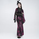 EVA LADY Women's Gothic Lace-up Mesh Splice Plunging V-neck Velvet Maxi Dress Black-Red