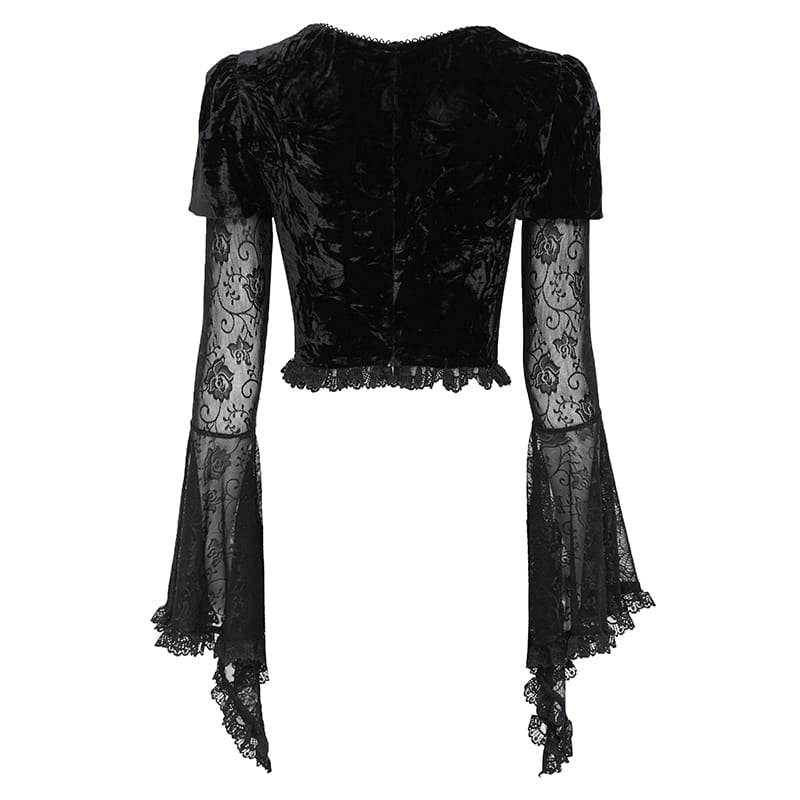 EVA LADY Women's Gothic Lace-up Rose Mesh Puff Flare Sleeve Velvet Top