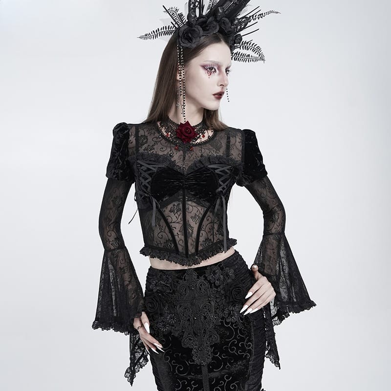 EVA LADY Women's Gothic Lace-up Rose Mesh Puff Flare Sleeve Velvet Top