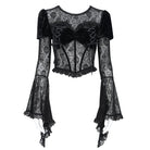 EVA LADY Women's Gothic Lace-up Rose Mesh Puff Flare Sleeve Velvet Top