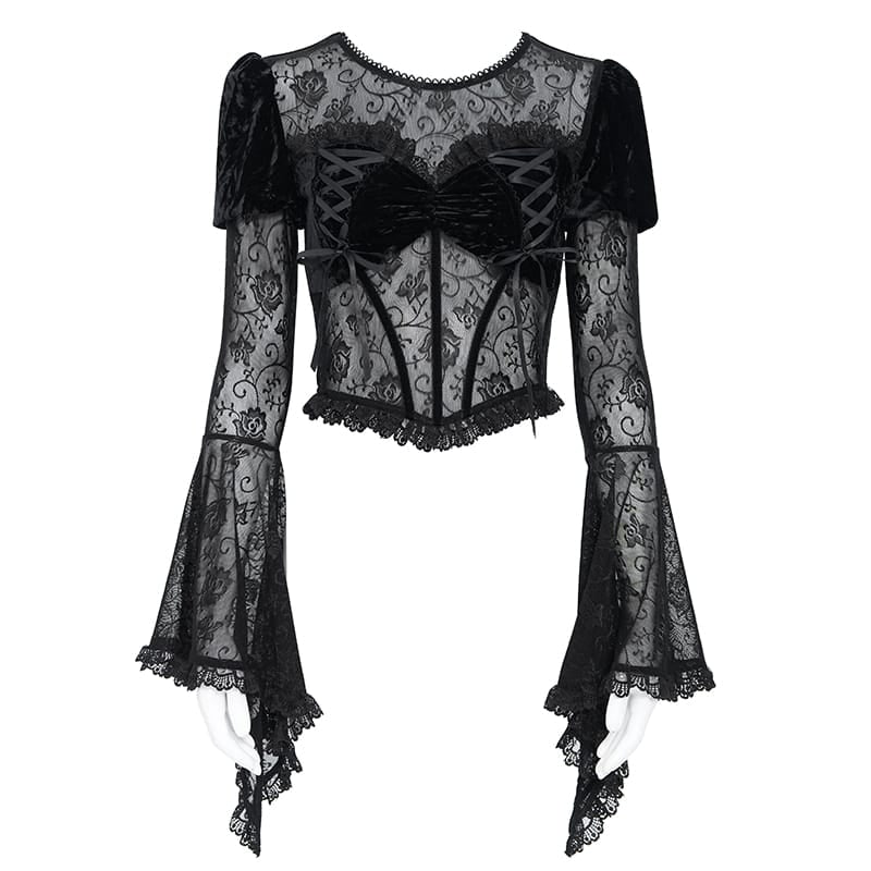 EVA LADY Women's Gothic Lace-up Rose Mesh Puff Flare Sleeve Velvet Top