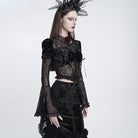 EVA LADY Women's Gothic Lace-up Rose Mesh Puff Flare Sleeve Velvet Top