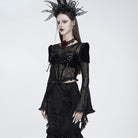 EVA LADY Women's Gothic Lace-up Rose Mesh Puff Flare Sleeve Velvet Top