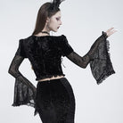 EVA LADY Women's Gothic Lace-up Rose Mesh Puff Flare Sleeve Velvet Top