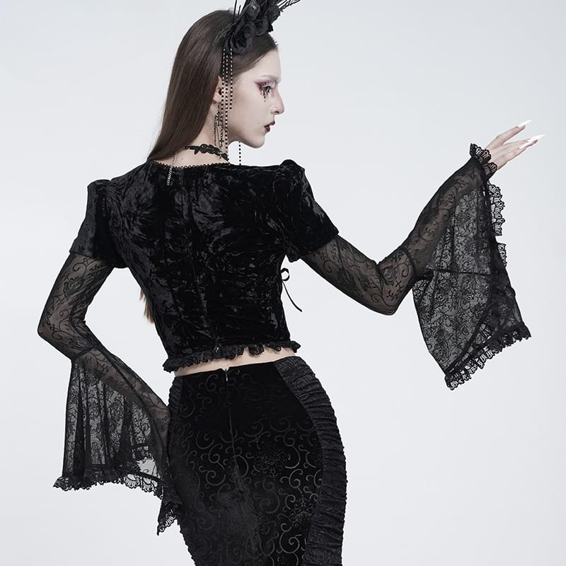 EVA LADY Women's Gothic Lace-up Rose Mesh Puff Flare Sleeve Velvet Top