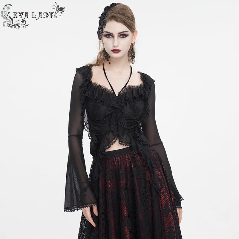 Eva Lady Black Romantic Gothic Rose Long Trumpet Sleeves Shirt for