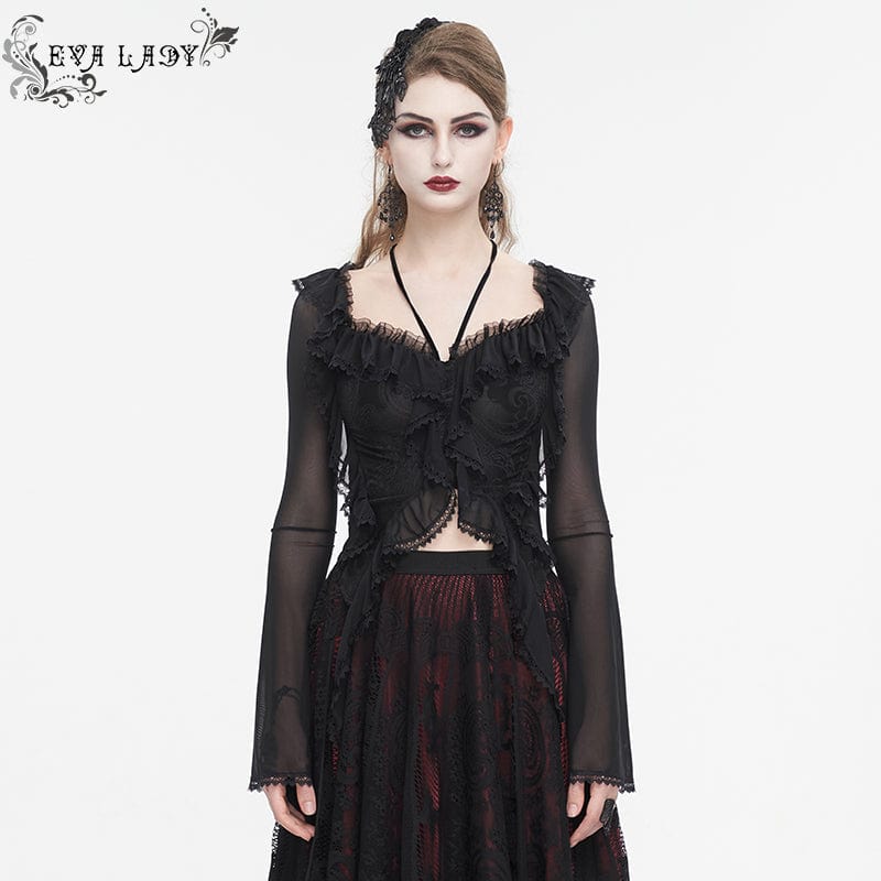 EVA LADY Women's Gothic Lace-up Ruffled Mesh Shirt