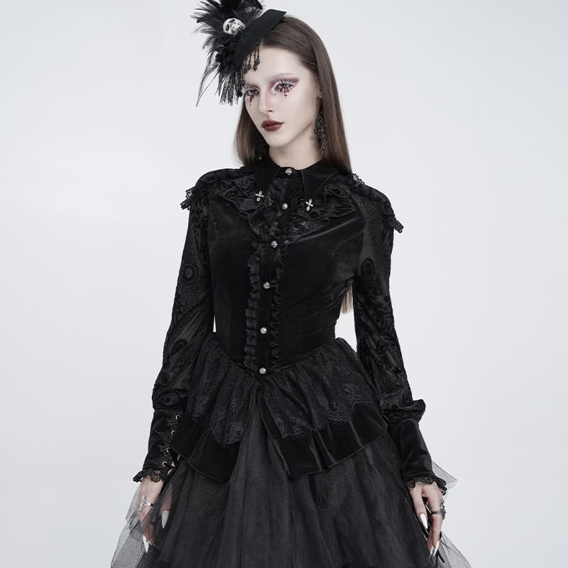 EVA LADY Women's Gothic Lace-up Ruffled Turn-down Collar Long Sleeve Blouse