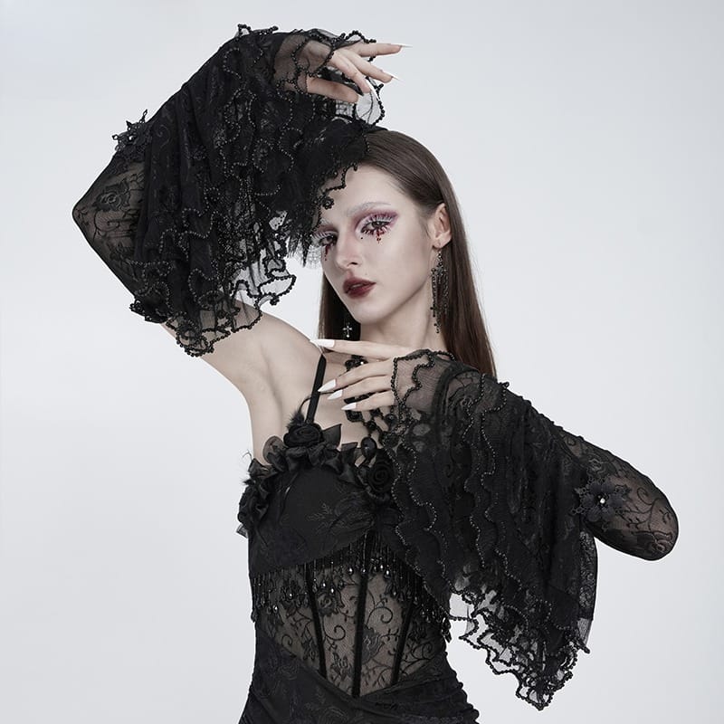 EVA LADY Women's Gothic Layered Beaded Ruffle Rose Mesh Arm Sleeves
